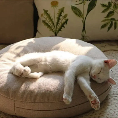 A fluffy white cat sleeps curled up on a round beige fabric floor pillow seating cushion in living room pouf style