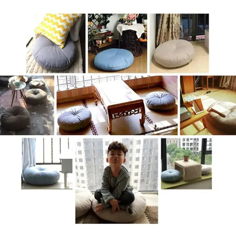 Tufted grey linen floor pillow seating cushion in various fabrics for comfortable seating cushion or meditation use