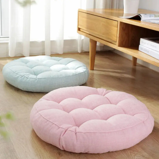 Soft pink and light blue fabric tufted round floor cushions for kids bedroom seating decorbites kids round floor cushions