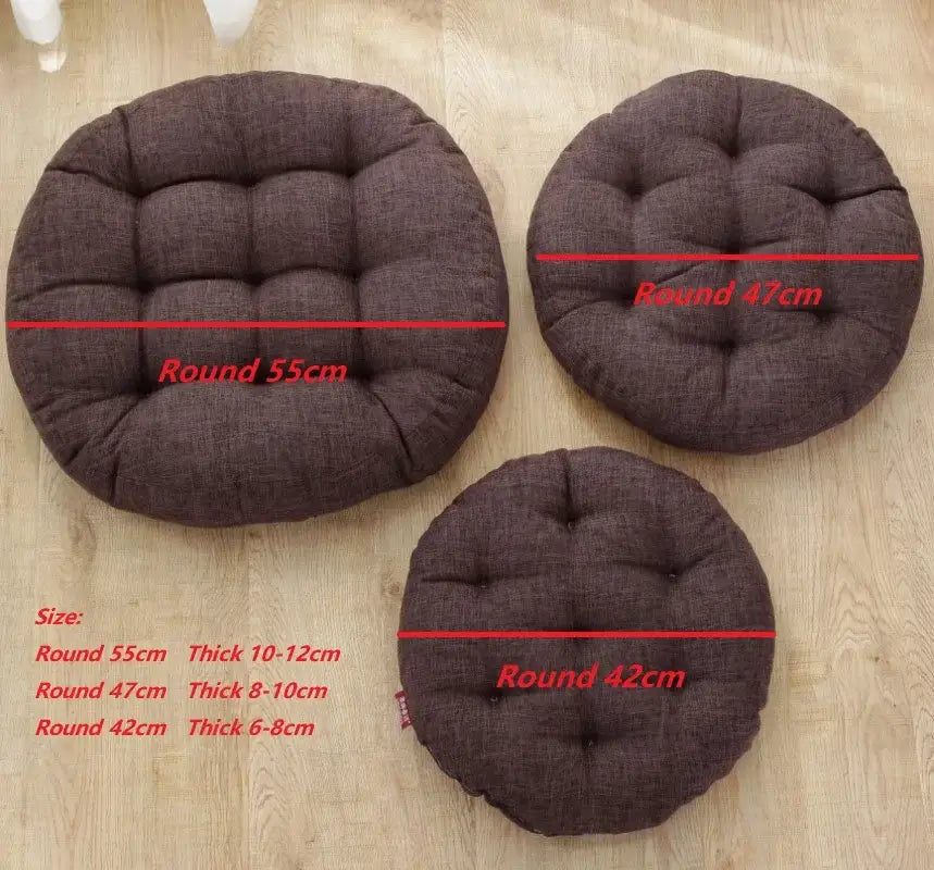 Set of three dark brown tufted round floor cushions in sizes 55cm 47cm and 42cm for decorbites kids round seating