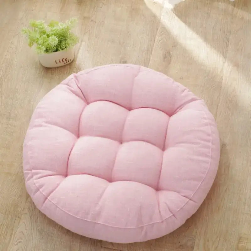 Pink quilted circular kids round floor cushion with plush texture and subtle stitching for bedroom seating decorbites kids round