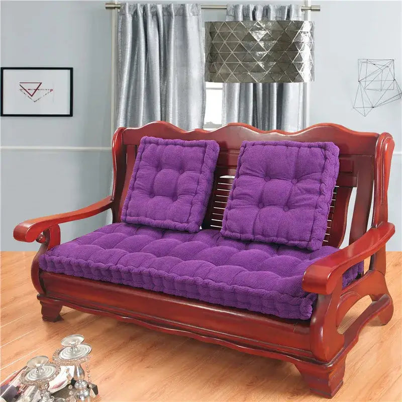 Purple corduroy tufted indoor bench seat cushion set with plush pad and matching back cushions for decorbites indoor bench