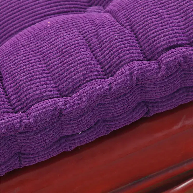 Tufted purple indoor bench seat cushion with quilted ribbed corduroy texture for decorbites indoor bench use