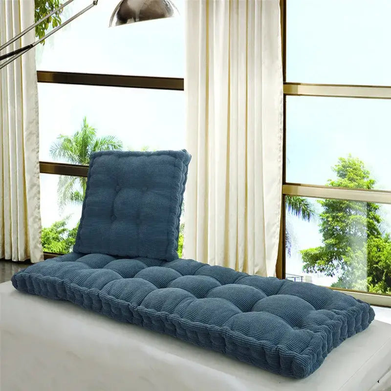 Blue corduroy tufted seat cushion set with matching backrest and seat pad for decorbites indoor bench use