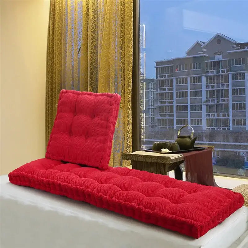 Bright red tufted corduroy seat cushion set with matching backrest for decorbites indoor bench seat use