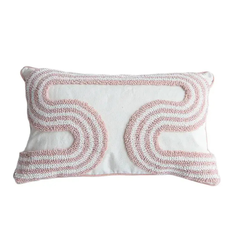 Rectangular tufted white and blush pink cotton loop cushion cover featuring textured wavy embroidery for living room decorbites cotton loop decor