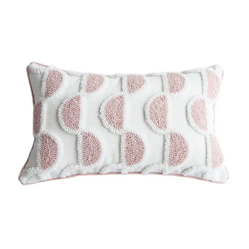 Tufted white and blush pink cotton loop cushion cover with textured fuzzy half-circle appliqués for living room decorbites cotton loop