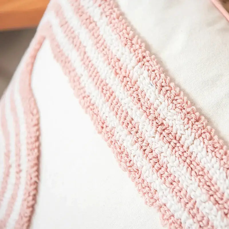 Tufted white and blush pink cotton loop cushion cover with soft textured knit fabric for living room decorbites cotton loop