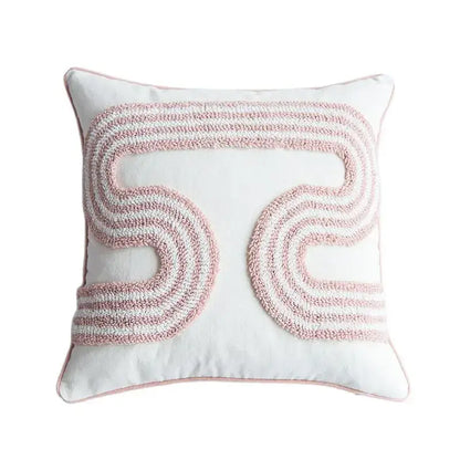 Soft white cotton loop tufted cushion cover with textured pink and cream embroidered s-shaped design for living room decorbites