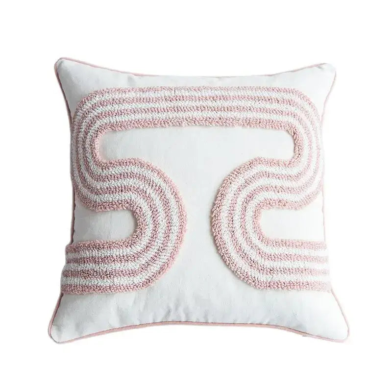 Soft white cotton loop tufted cushion cover with textured pink and cream embroidered s-shaped design for living room decorbites