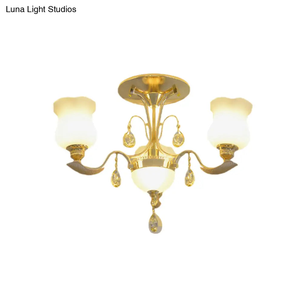 Tulip Flower Semi Flush Gold Ceiling Light for Modern Bedrooms - 3-Light Milk Glass