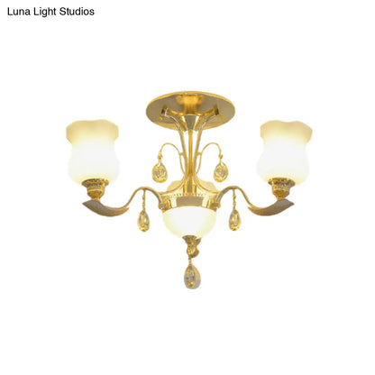 DecorBites™ DecorBites™ Tulip Flower Semi Flush Gold Ceiling Light for Modern Bedrooms - 3-Light Milk Glass