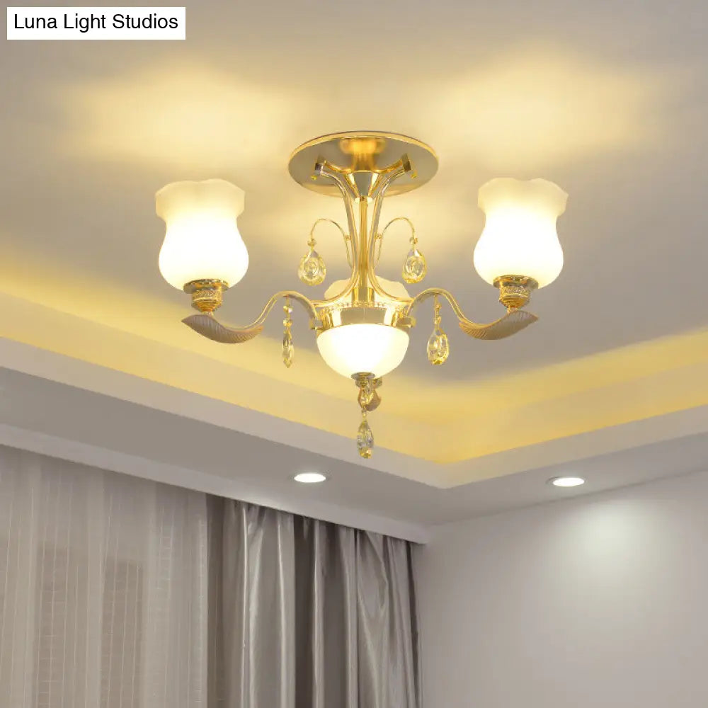 Tulip Flower Semi Flush Gold Ceiling Light for Modern Bedrooms - 3-Light Milk Glass