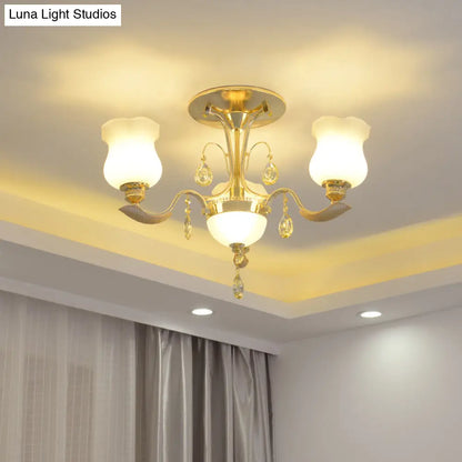 DecorBites™ DecorBites™ Tulip Flower Semi Flush Gold Ceiling Light for Modern Bedrooms - 3-Light Milk Glass
