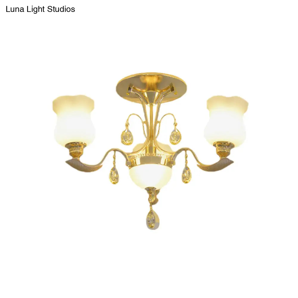 Tulip Flower Semi Flush Gold Ceiling Light for Modern Bedrooms - 3-Light Milk Glass