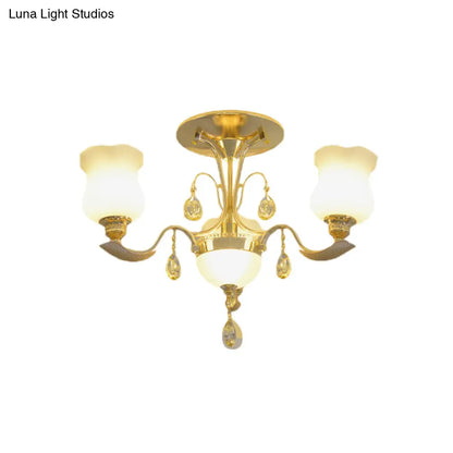 DecorBites™ DecorBites™ Tulip Flower Semi Flush Gold Ceiling Light for Modern Bedrooms - 3-Light Milk Glass