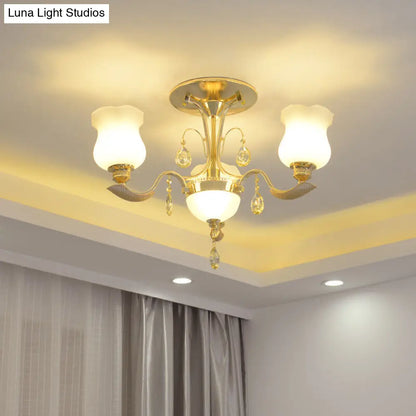DecorBites™ DecorBites™ Tulip Flower Semi Flush Gold Ceiling Light for Modern Bedrooms - 3-Light Milk Glass