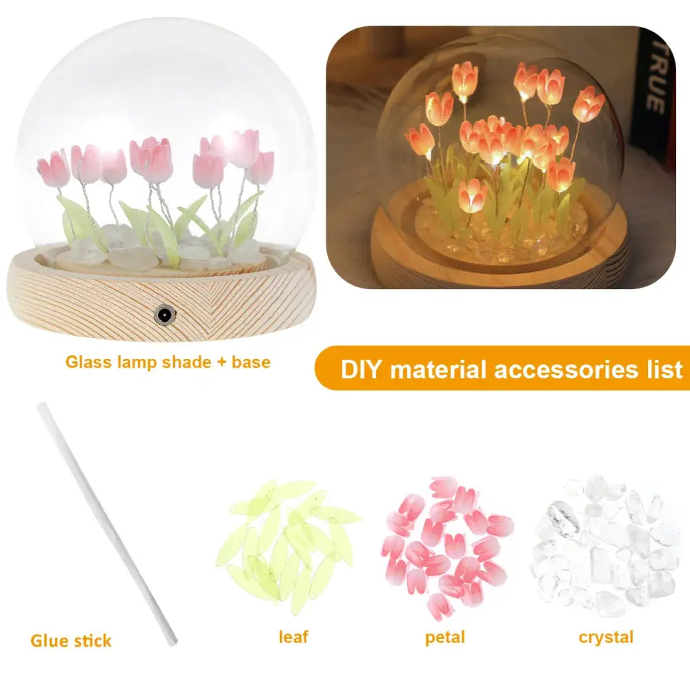 Clear glass dome tulip night light with wooden base featuring pink and white tulip-shaped led lights inside