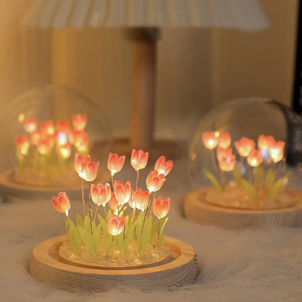 DecorBites tulip night light with pink LED tulip flowers in a clear glass dome on a wooden base battery operated
