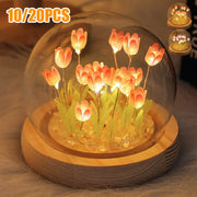 Decorbites tulip night light with illuminated pink tulips in a glass dome on wooden base battery operated bedside lamp