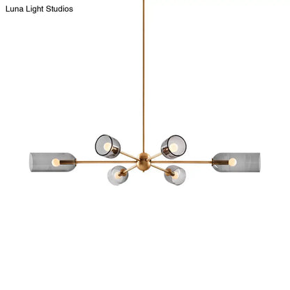 Lámpara de araña Tulipán de cristal gris ahumado – Lámpara colgante moderna de 6 luces para comedor con detalles dorados