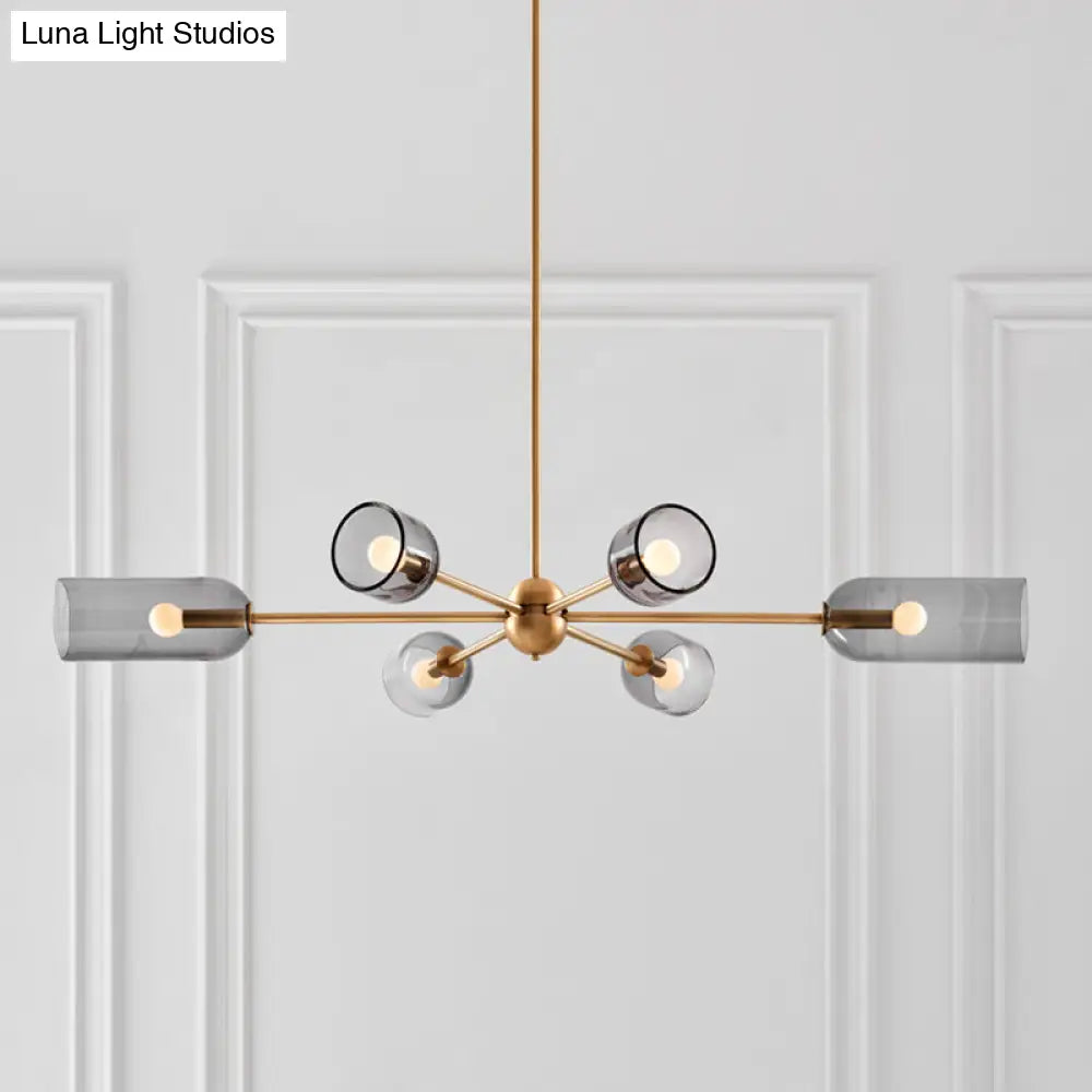 Lámpara de araña Tulipán de cristal gris ahumado – Lámpara colgante moderna de 6 luces para comedor con detalles dorados