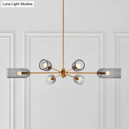 Lámpara de araña Tulipán de cristal gris ahumado – Lámpara colgante moderna de 6 luces para comedor con detalles dorados