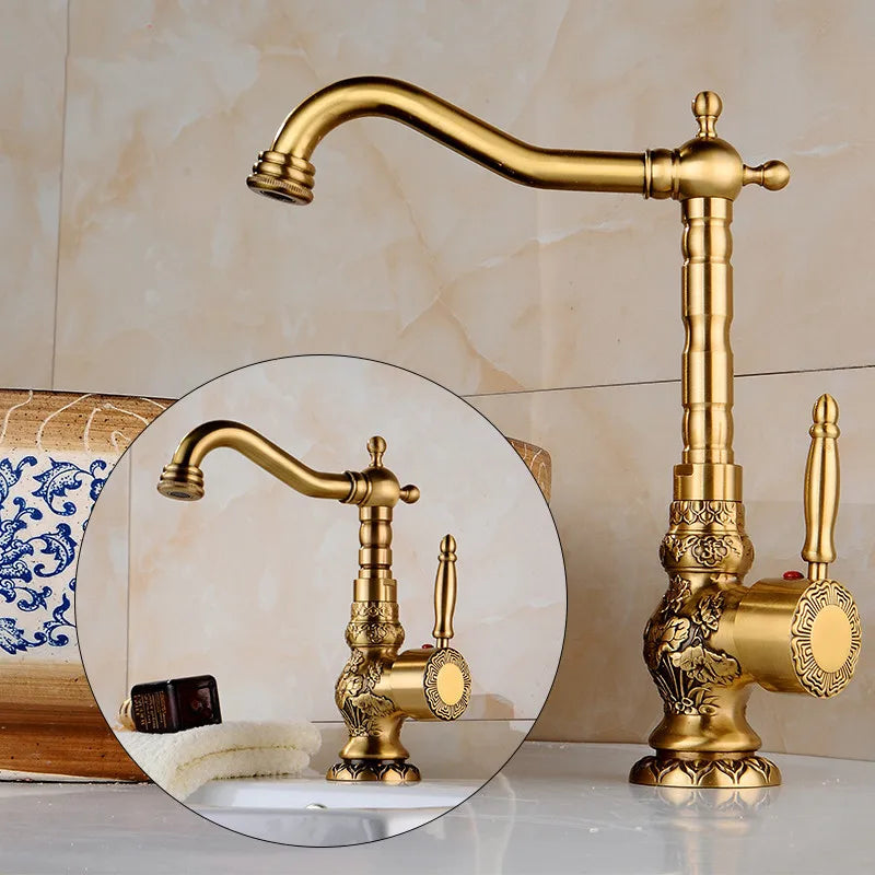 Tuqiu antique brass single hole deck mounted kitchen faucet with golden floral engravings and vintage design