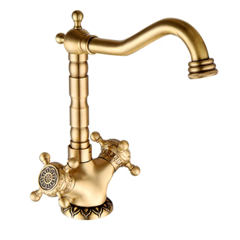 Tuqiu antique brass single hole deck mounted kitchen faucet with ornate vintage design and decorative cross handles