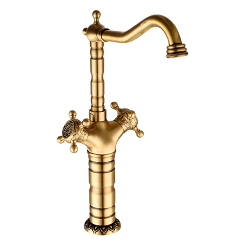 Tuqiu antique brass deck mounted kitchen faucet with ornate dual handles single hole carved bathroom basin tap