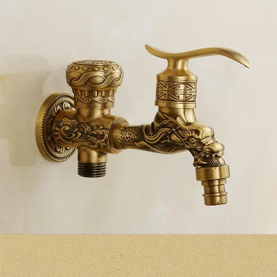 Tuqiu brass tap faucet with antique dragon head and engraved patterns for outdoor washing machine use