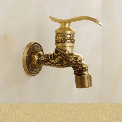 Golden brass washing machine faucet with intricate dragon design and ornate detailing for outdoor use