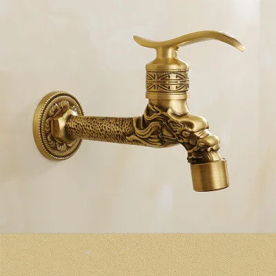 Golden brass tuqiu washing machine faucet with ornate dragon head design for outdoor garden use