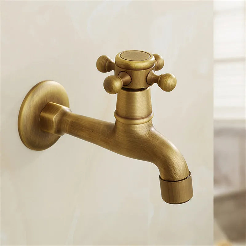 Tuqiu brass tap faucet garden bibcocks antique brass cross-handle wall-mounted washing machine faucet vintage design