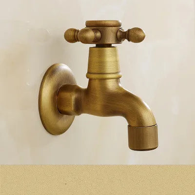 Antique brass wall-mounted tuqiu faucet with cross handle and rounded spout for washing machine outdoor use