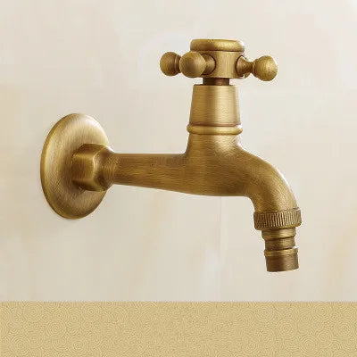 Antique brass tuqiu washing machine faucet with vintage cross-handle and threaded spout for outdoor use