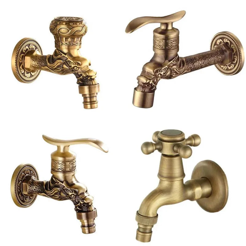 Antique brass tuqiu wall-mounted washing machine faucet with ornate dragon head design and decorative patterns
