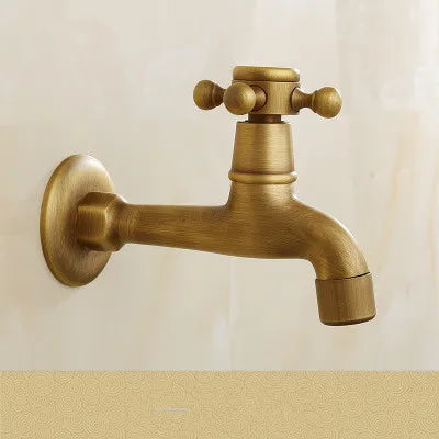 Antique brass tuqiu wall-mounted washing machine faucet with curved spout and dual cross-handle knobs for outdoor use
