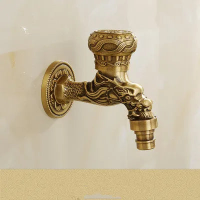 Tuqiu brass tap faucet outdoor single cold washing machine faucet with antique brass dragon carved vintage finish
