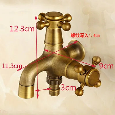 Antique brass tuqiu washing machine faucet with ornate cross handles and textured vintage outdoor garden bibcock design