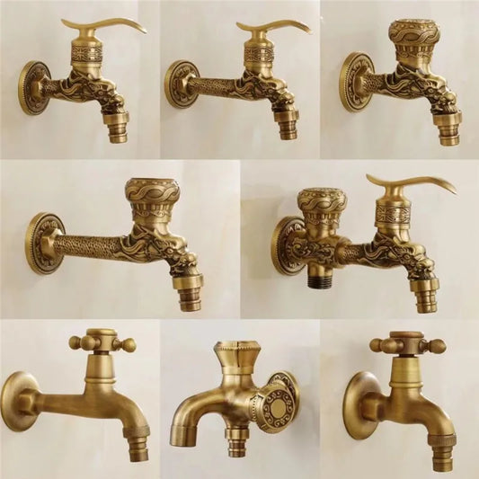 Antique brass tuqiu wall-mounted washing machine faucet with dragon carved ornamental design for outdoor use