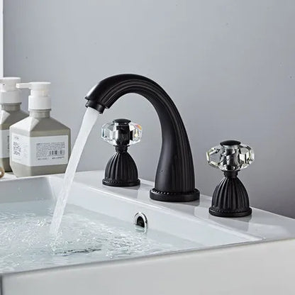 Tuqiu gold basin faucet black brass widespread sink tap with crystal knobs and curved spout for cold water use