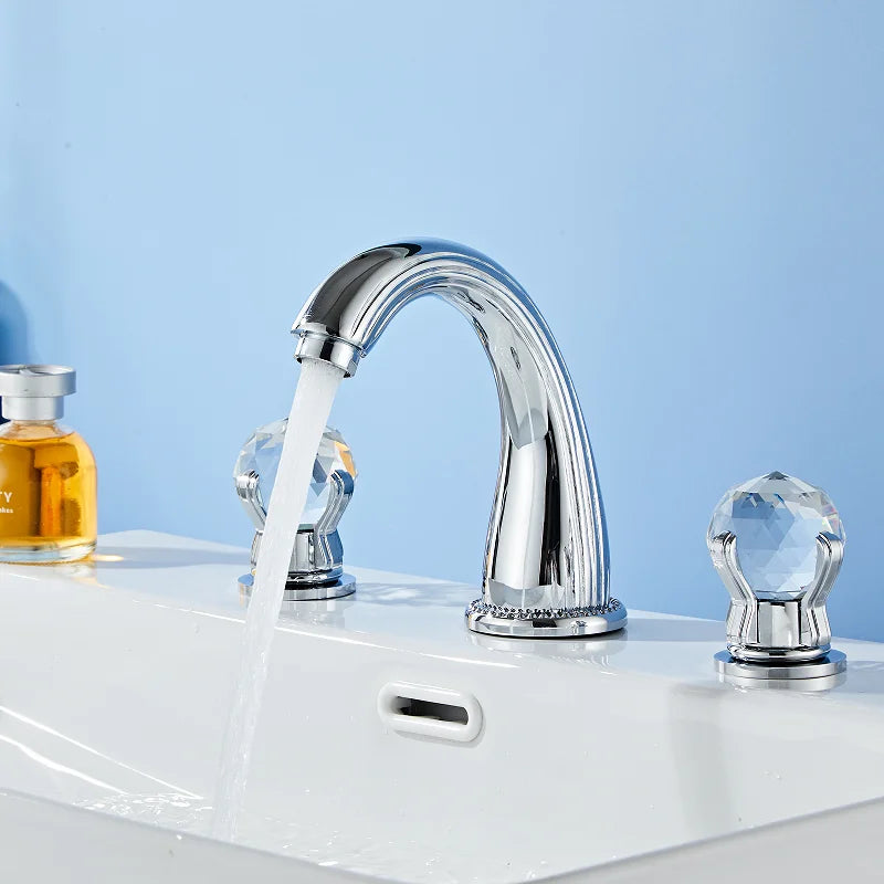Chrome finished tuqiu gold basin faucet with crystal knobs and curved spout flowing cold water for bathroom sink