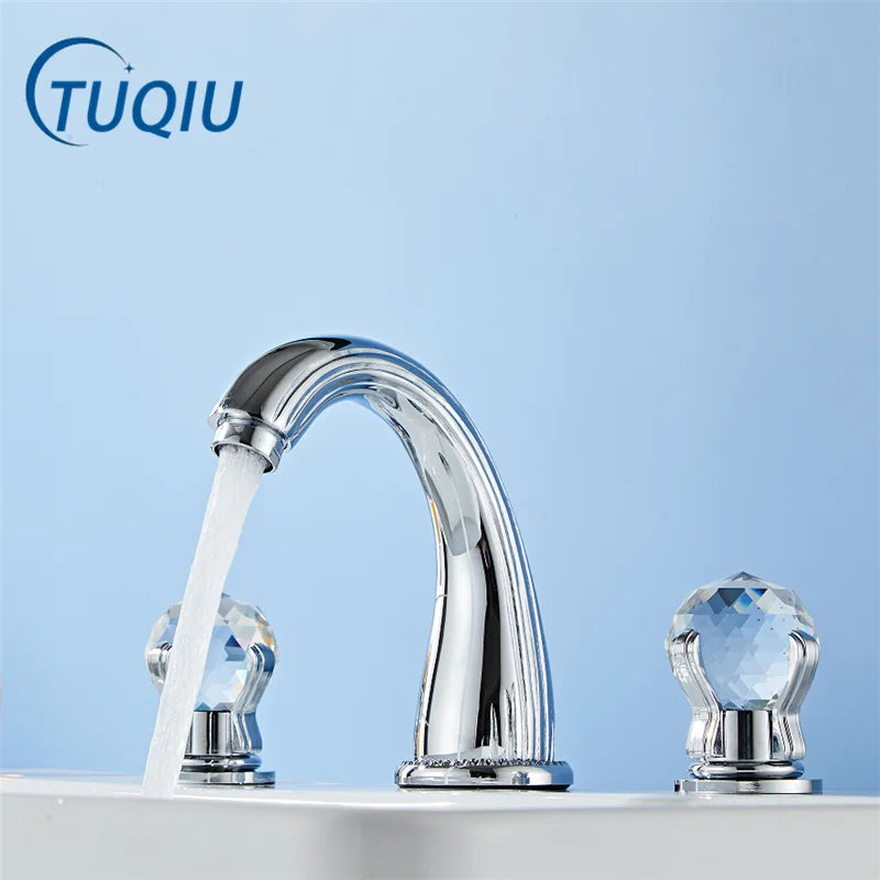 Tuqiu gold basin faucet with chrome finish, crystal knob handles, sleek arched spout, designed for cold water use