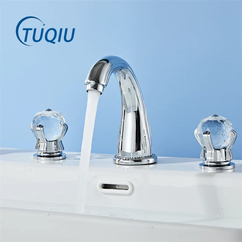 Tuqiu chrome three-handle bathroom faucet with faceted crystal knobs curved spout for hot and cold water use