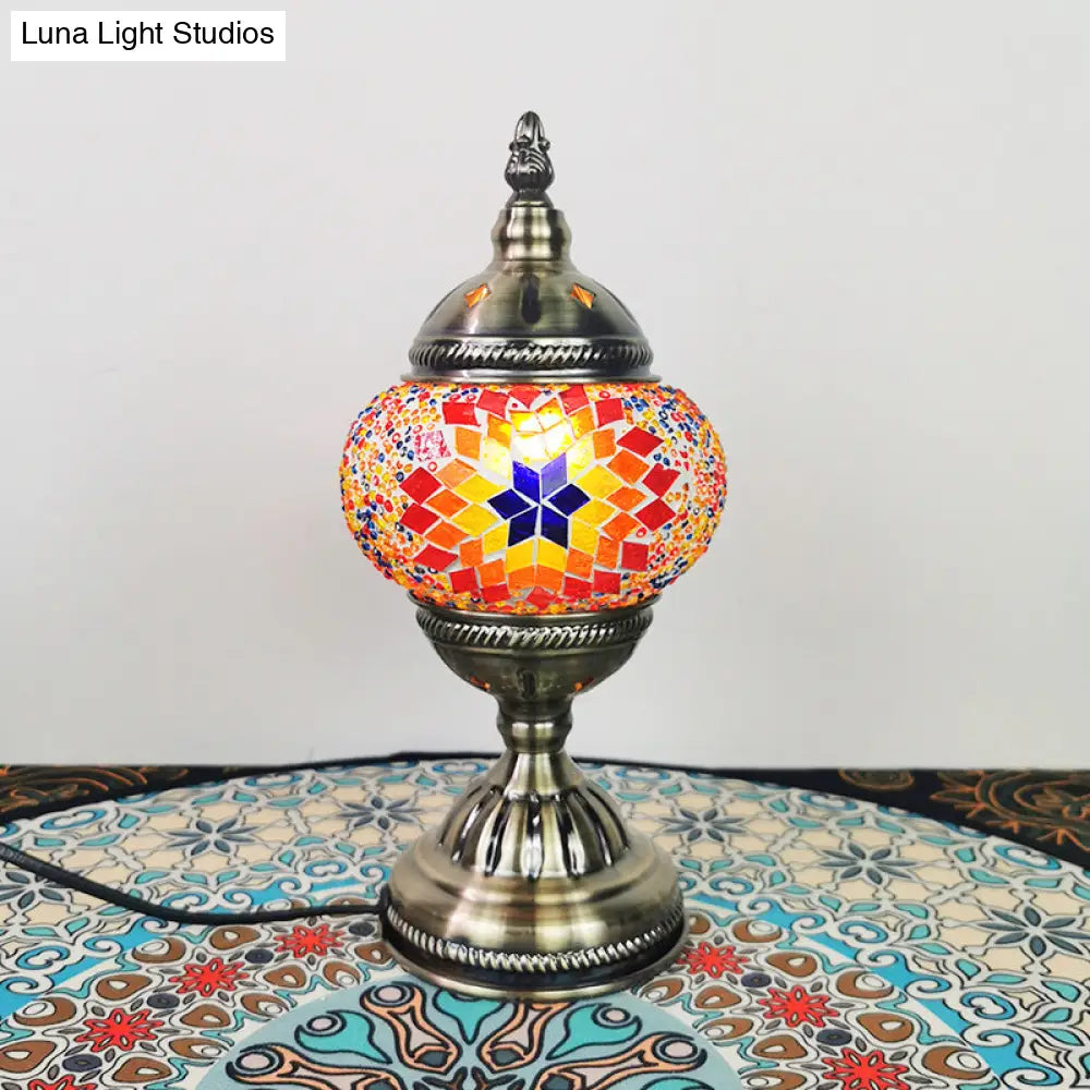 Turkish 1-Light Stained Glass Globe Table Lamp with Sunflower Pattern in Bronze – Perfect Nightstand Light for Living Room