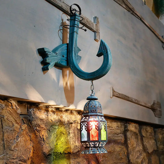 Turkish Blue Wooden Wall Mount Censer Light with Fish Backplate