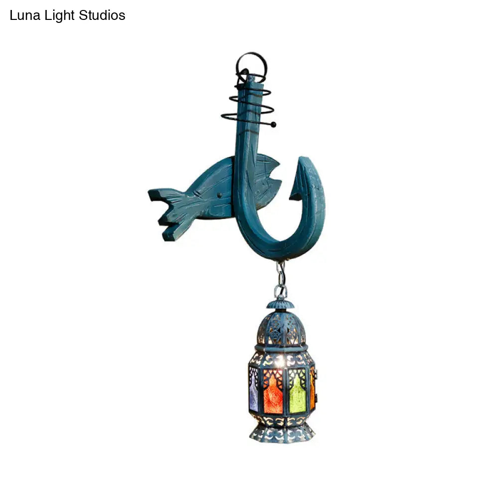 Turkish Blue Wooden Wall Mount Censer Light with Fish Backplate