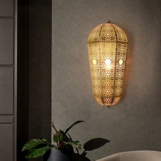 Turkish Brass Lantern Sconce - Balloon Shaped, Hollowed Out Design - Wall Mount Lamp