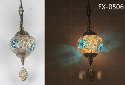 Mosaic pendant light with intricate floral patterns and a bronze frame, featuring colorful glass tiles in blue, green, yellow, red, orange, purple, white, black, brown, pink, turquoise, gold, silver, and teal.